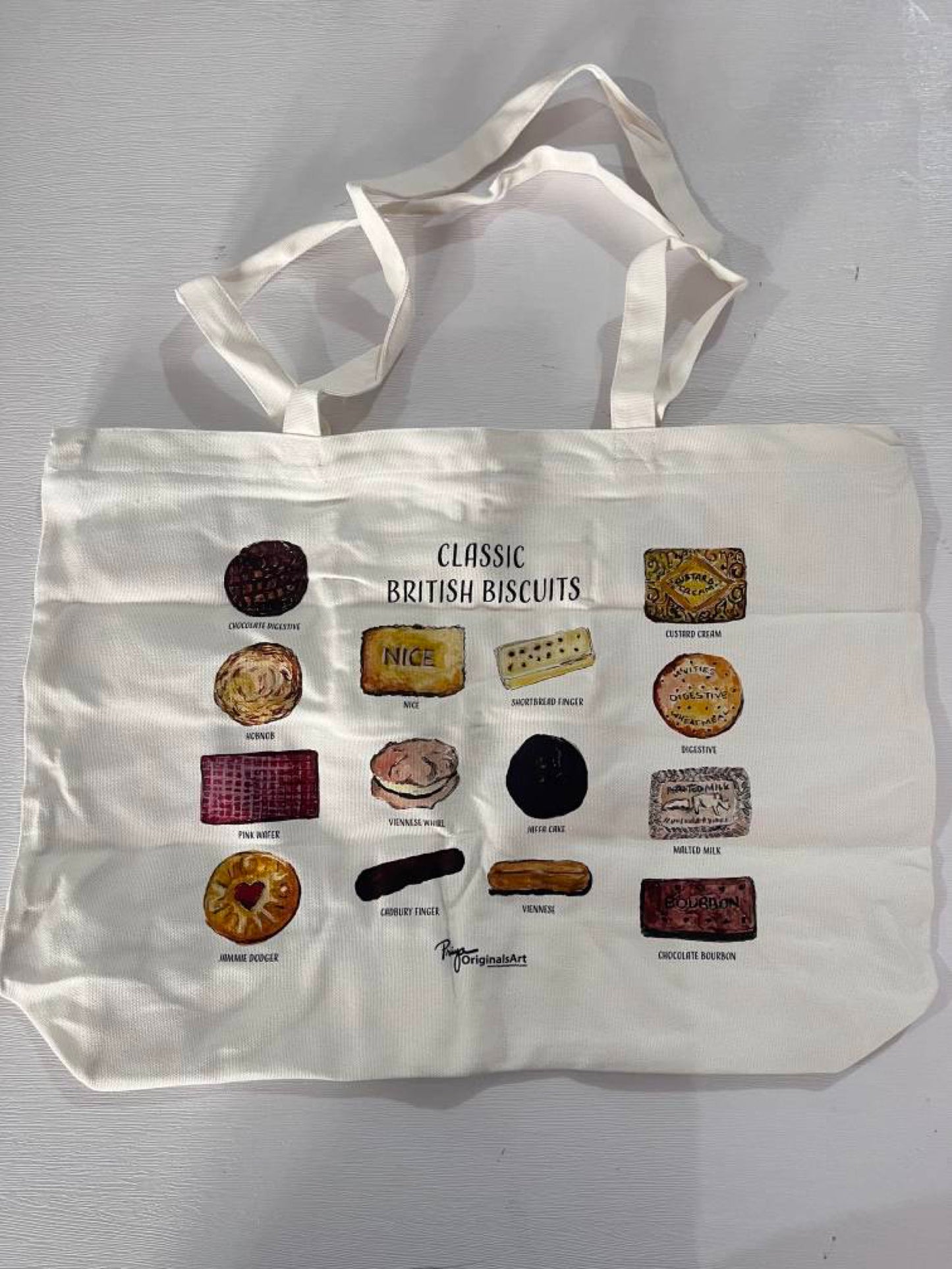 Canvas tote shopper: Classic British biscuits original art
